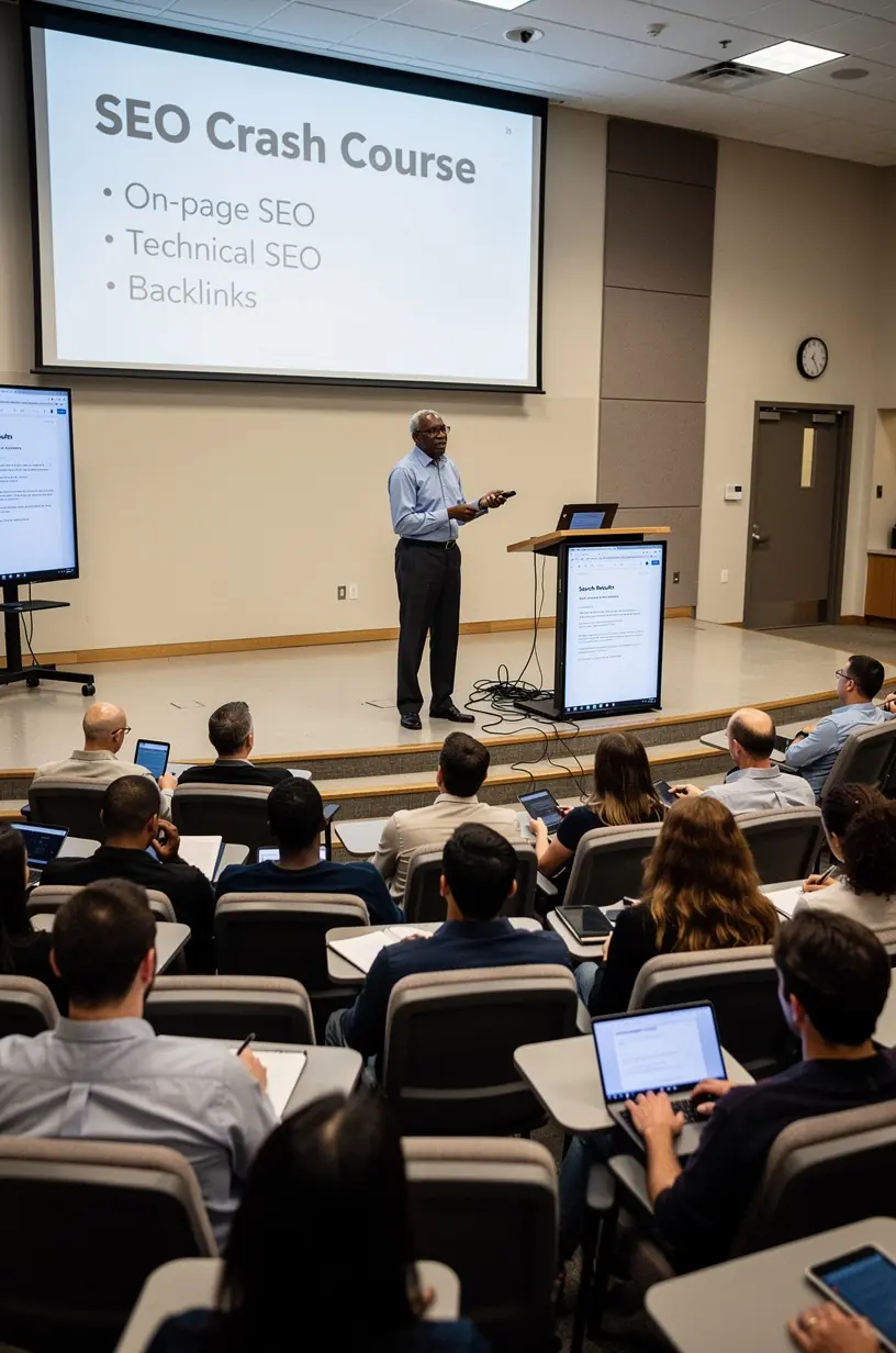 SEO workshop participants practicing content optimization techniques